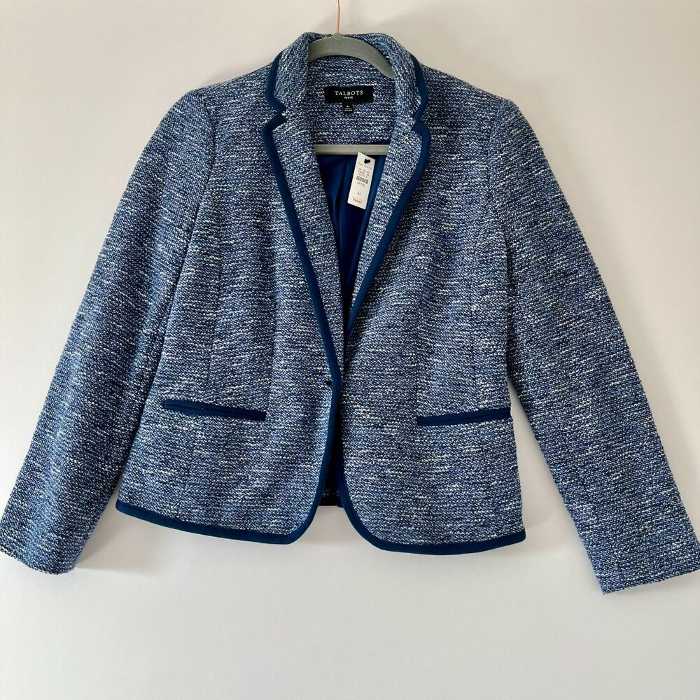 NWT Talbots Blue and White Tweed Knit Contrast Trim Jacket size 4P